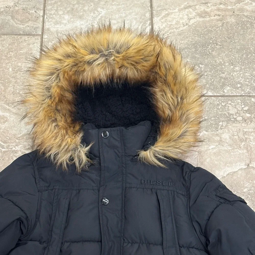Diesel Kids Black Puffer Parka Jacket Faux Fur Hood Sherpa Lined Size M 10/12